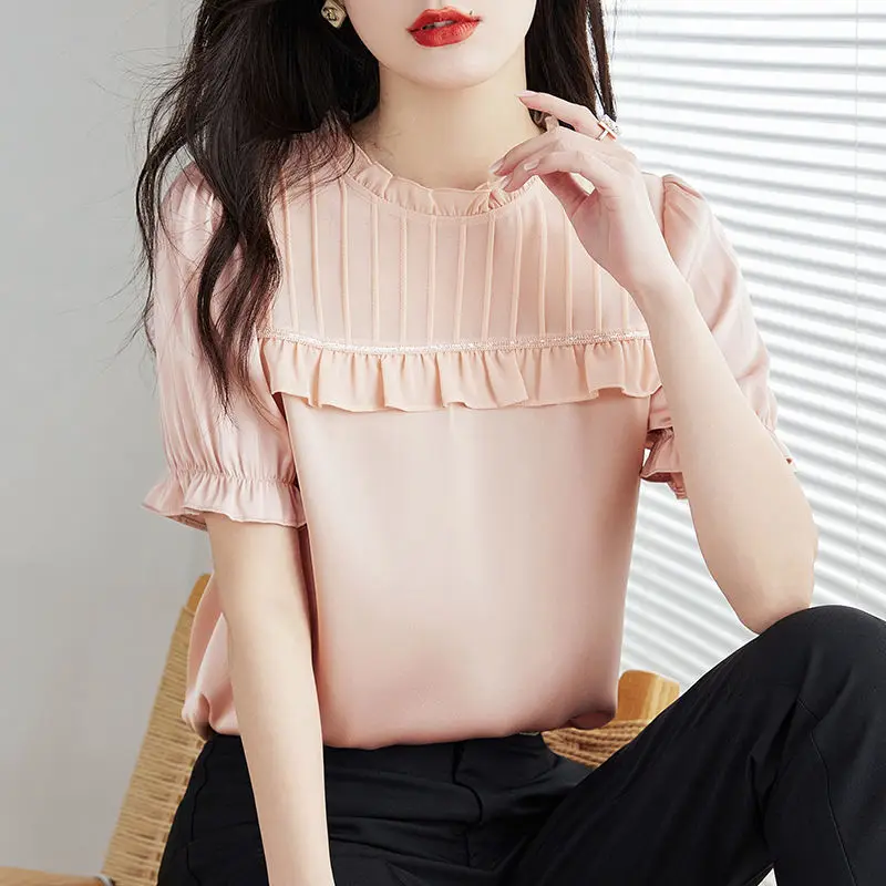 Elegant Solid Color Spliced Folds Ruffles Blouse Women\'s Clothing 2023 Summer New Casual Pullovers Puff Sleeve Office Lady Shirt