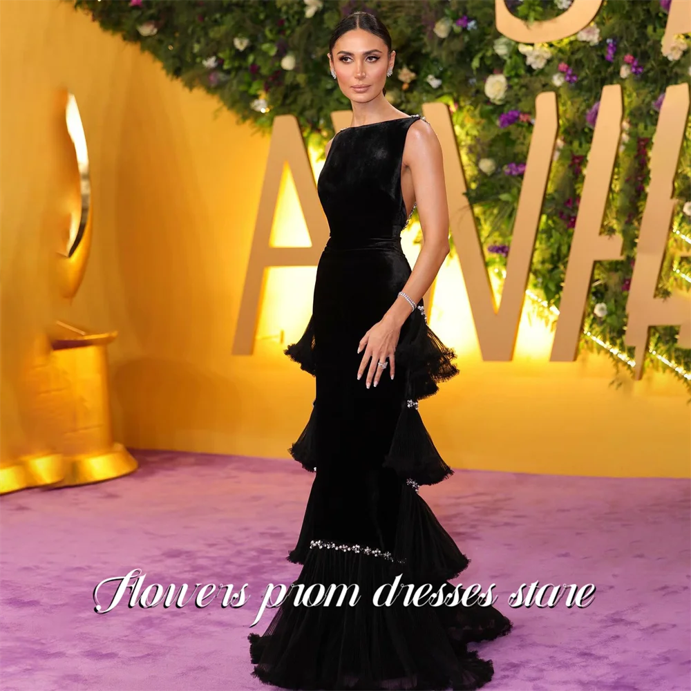 

Flowers Black Prom Dress Boat Neck Celebrity Dresses Multilayered Tulle Trumpet Women's Evening Dresses Formal Gown Customized