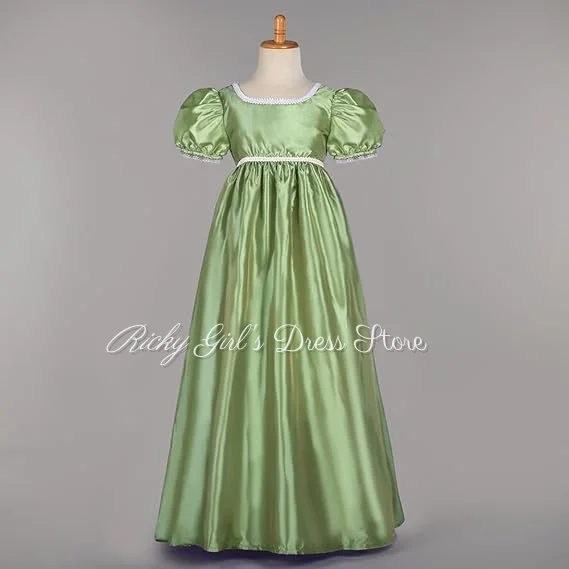 Short Puff Sleeve Taffeta Dress Elegant Empire Waist Green Flower Dress For Wedding Party First Communion Dresses Customized