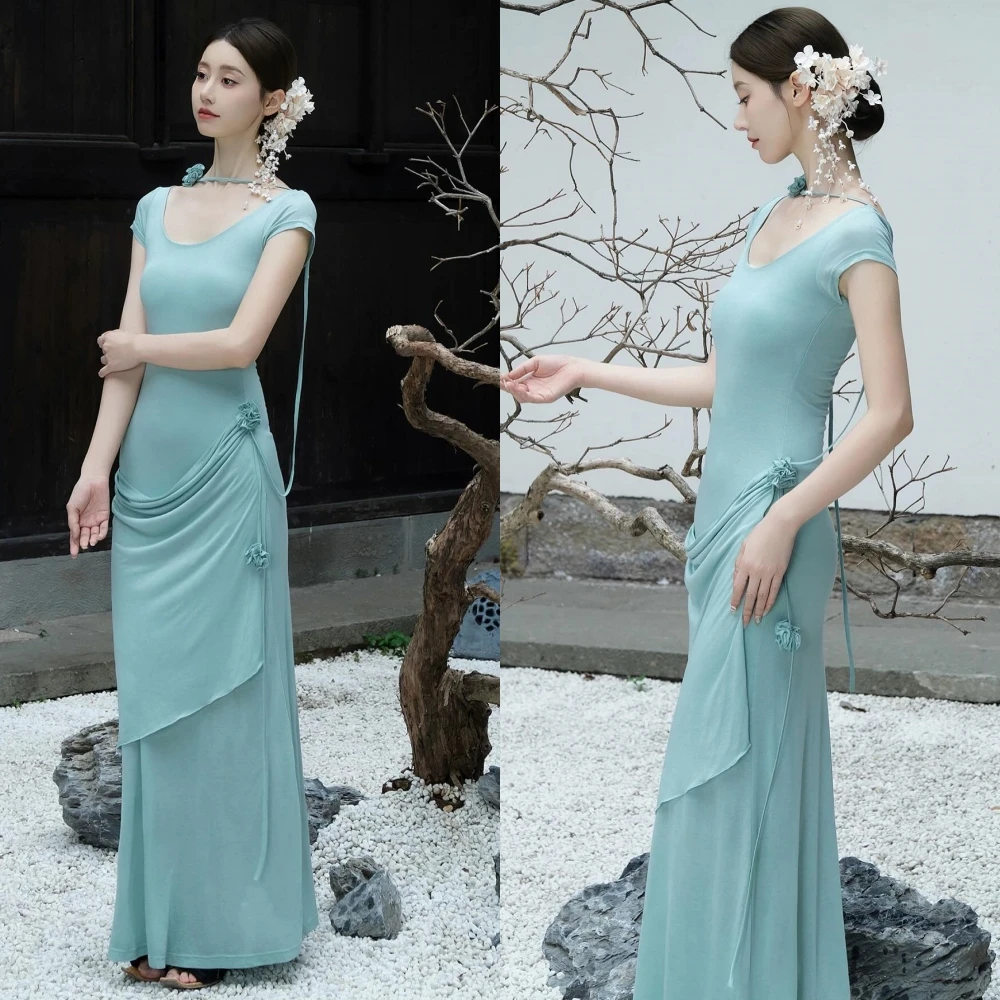 Abito da sera formale elegante con girocollo dritto personalizzato, maniche corte, abiti da celebrità di alta qualità, abito da festa alla moda