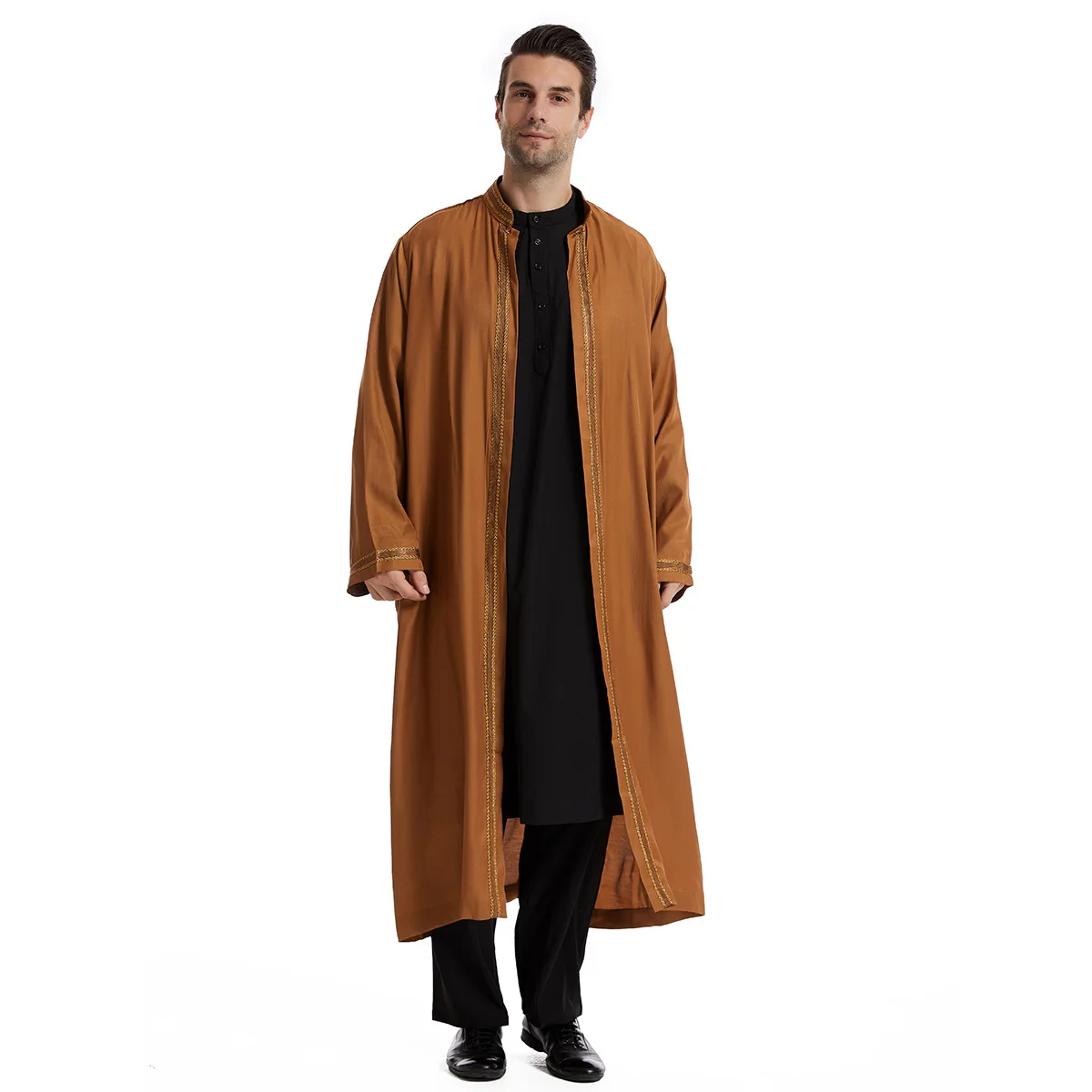 Middle Eastern Men's Long Robe Traditional Standing Collar Cardigan Eid Al Fitr Muslim Islamic Ramadan Moroccan Dubai Robe