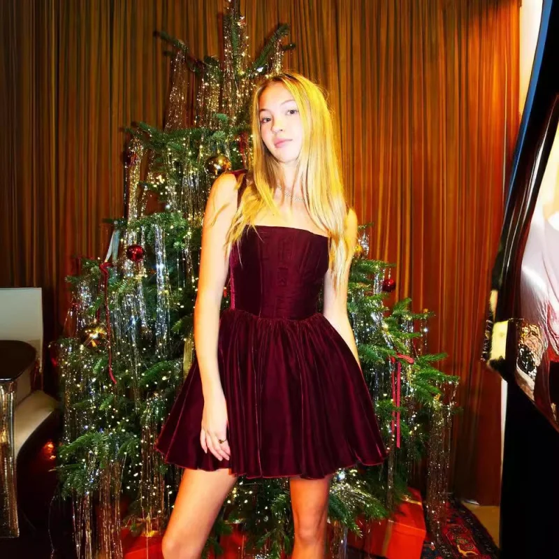 

European and American Style Dress Christmas Party Short Dress Off-Shoulder Waist-Cinching Strap Dress Velvet Dress