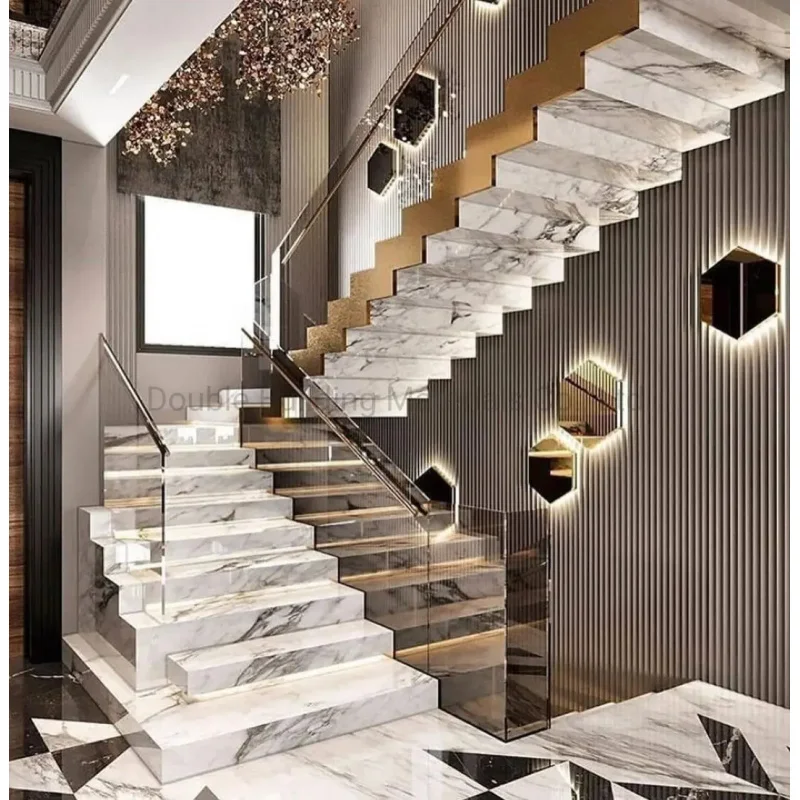 custom.Customize Durable Modern Light Luxury Simple Straight Staircase White Marble Treads Galvanized Steel Apartments