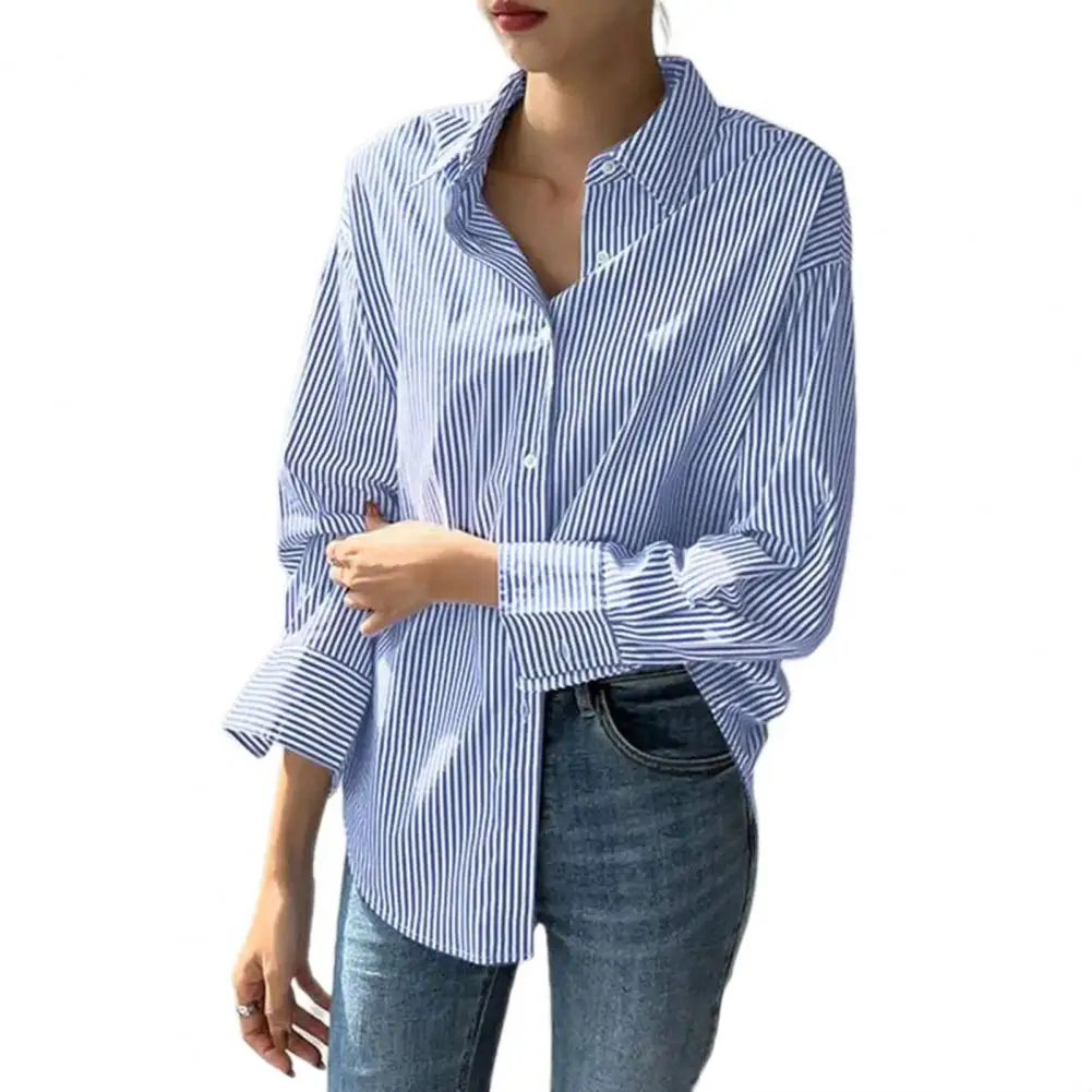 

Basic Neckline Women Blouse Chic Relaxed Style Women's Office Shirt Vertical Striped Print Single Breasted Loose Fit for Casual