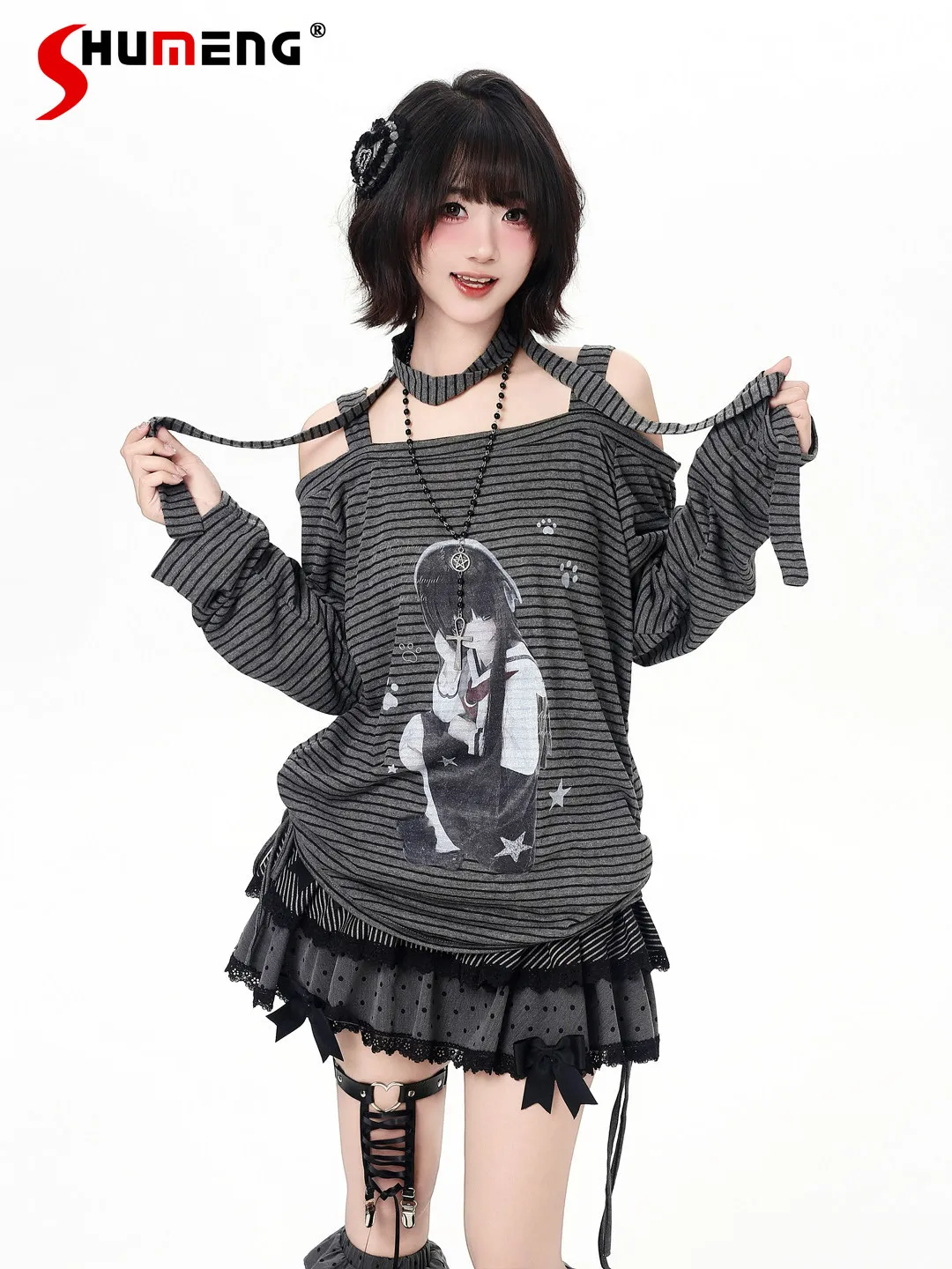 

Полосатые футболки с открытыми плечами и длинными рукавами Harajuku Kawaii для девочек, милые повседневные топы с аниме-принтом и завязками на шее для женщин