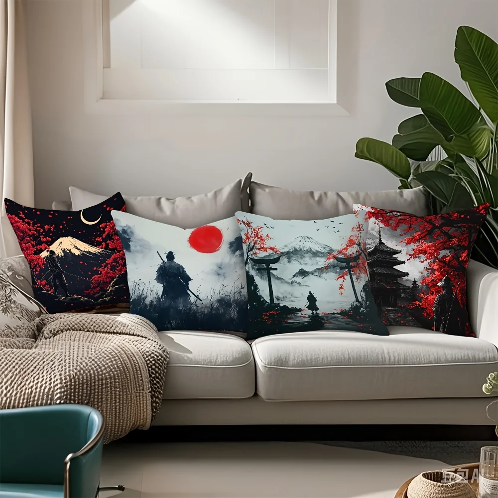 1PC 2D Flat Japanese Samurai Ink Painting Throw Pillow Covers No Pillow Core Unreal Embroidery