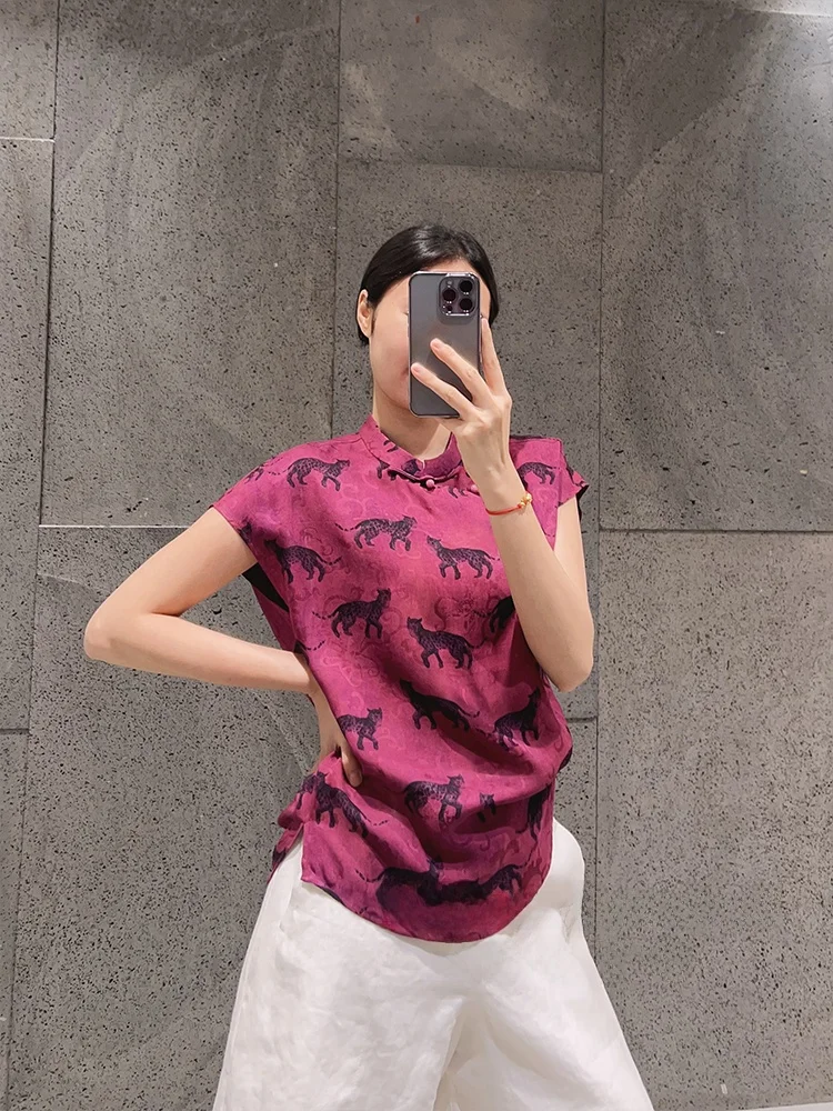 

Ele Purple Money Leopard Xiangyun Silk irt Women's ort Sve Stand Collar Traditional Chinese Sle Breathable Summe...