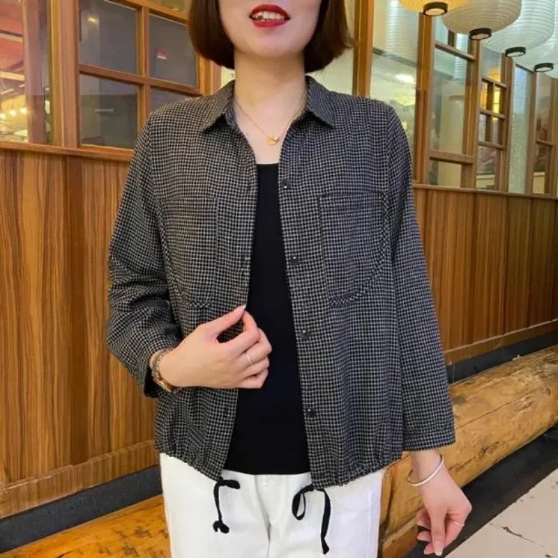 Women Lapel Plaid Long Sleeve Shirt Drawstring Hem Loose Elegant Middle Aged Mom Casual Outerwear Blouses