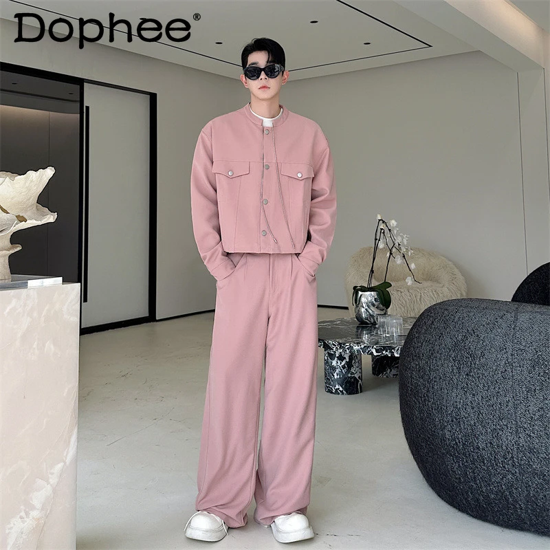 

Модный однотонный элегантный костюм-двойка (куртка и брюки) для мужчин, весна 2026, комфортный, стильный, с декоративными шнурками, 2 предмета