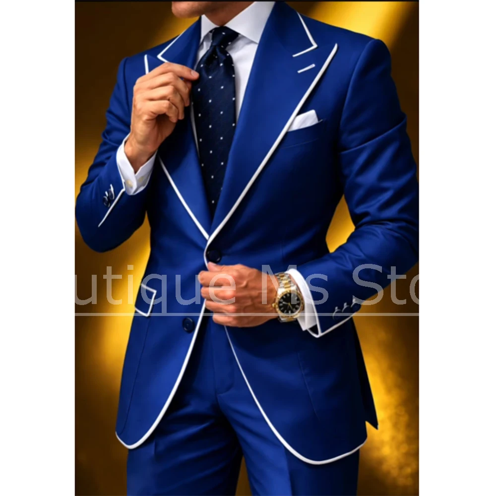 Men Suit with White Piping 2 Piece Single Breasted Outfit Blazer and Pants Formal Business Casual Wedding Prom Party Tuxedo