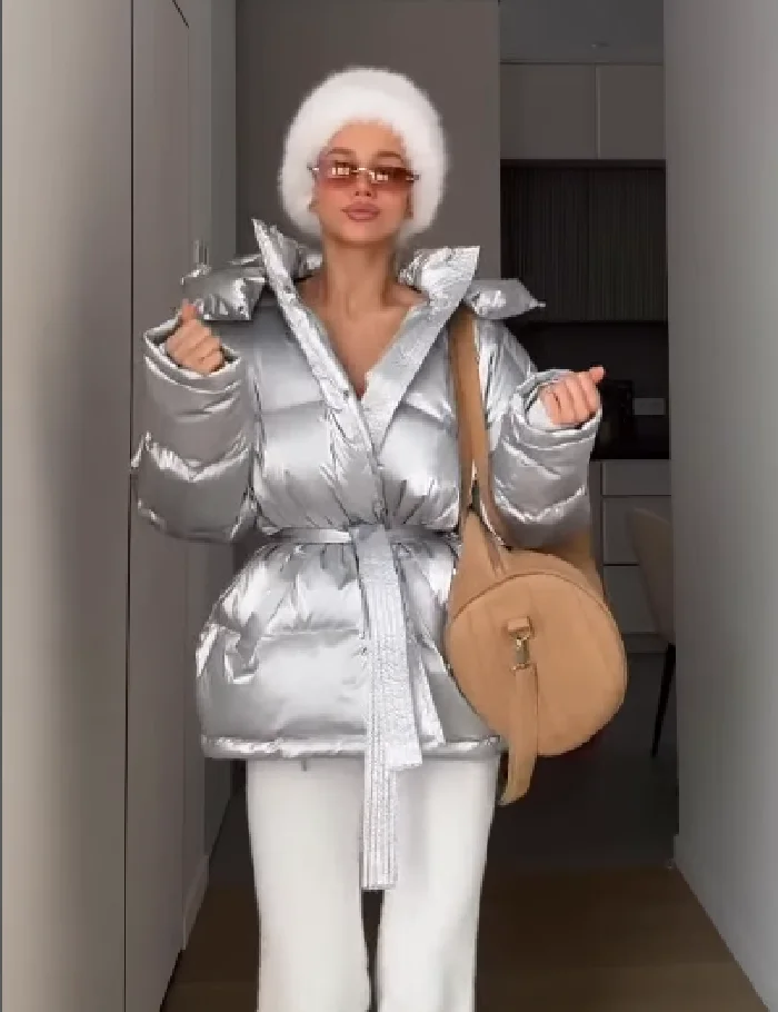 

Women's Luxury Elegant Lapel Cotton Coat Winter Shiny Cinched Waist Hooded Jacket Lady Loose Trendy Comfortable Warm Street Tops