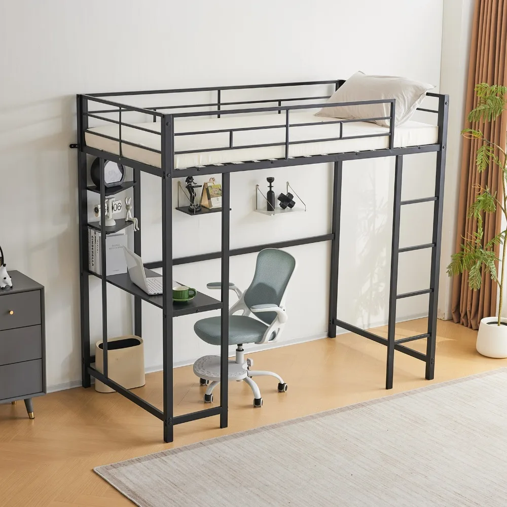 

Twin Size Metal Loft Bed with Built-in Desks for Teens Juniors Adults Black