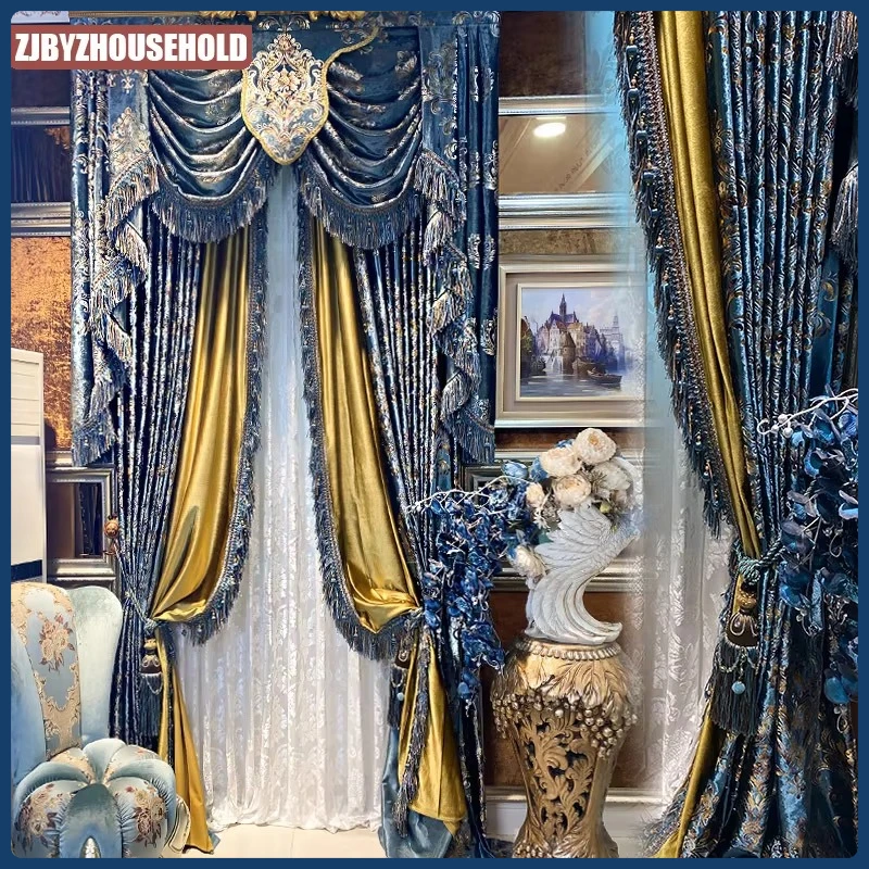 

Curtain custom European American villa curtain velvet Damascus European flower new Chinese living room bedroom balcony window