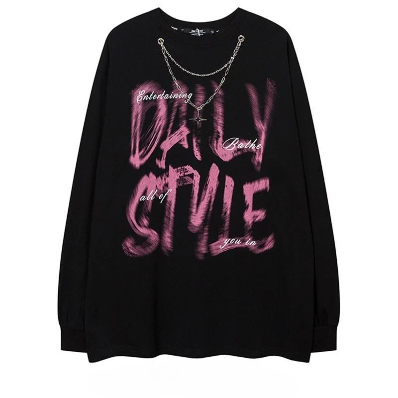 الأمريكية خمر جولة الرقبة تي شيرت إلكتروني نمط لون نقي ثقافة فرعية طويلة الأكمام فضفاضة حار نمط الهيب هوب بلوزة 2025 الخريف #3