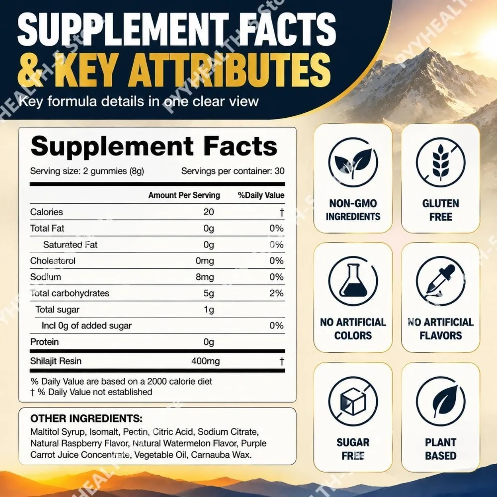 Pure Himalayan Shilajit Gummies with Shilajit Resin, 85+ Trace Minerals, Energy and Focus Support, 60 Gummies