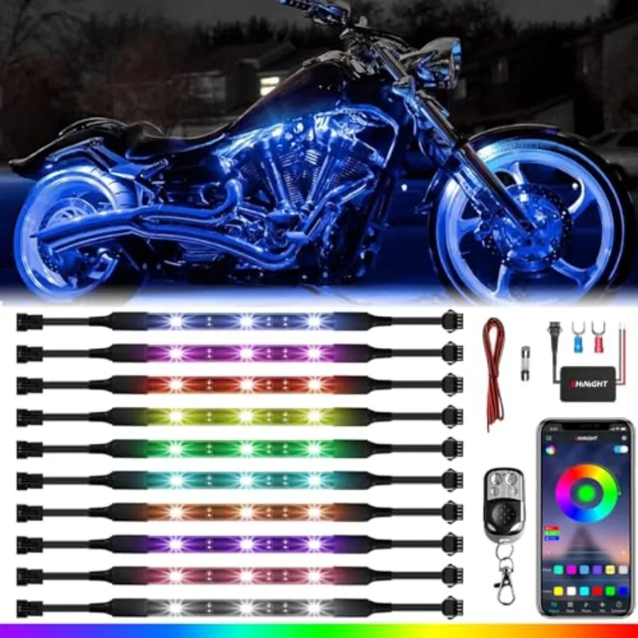 10 Pcs Motorcycle LED Light Kits, App Control Multicolor Waterproof Strip Lights with RF Remote, Music Sync and Multiple Scene