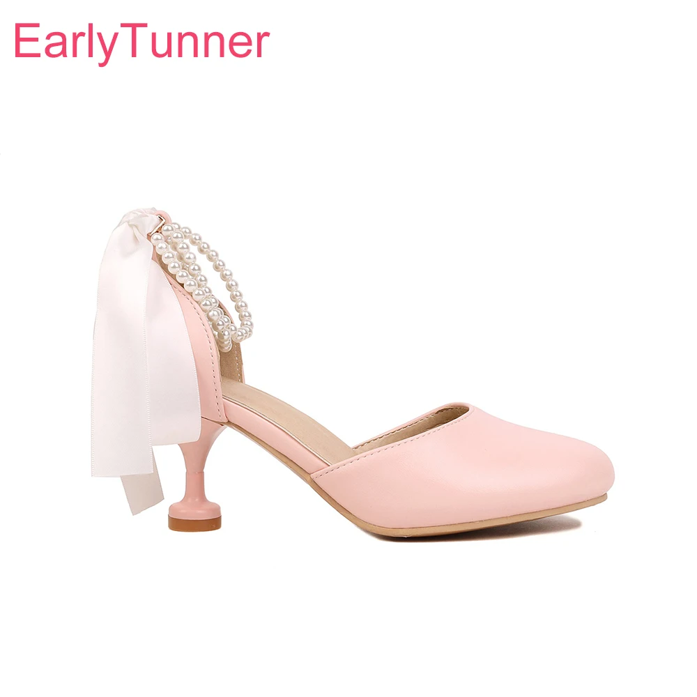 Summer Sweet Pink White Women Sandals Fashion Bowtie High Thin Heel Office Lady Shoes Plus Small Big Size 11 30 43 45 47