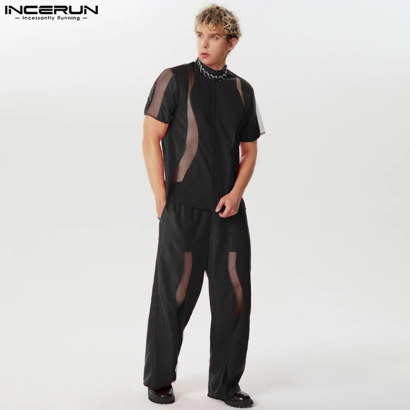 INCERUN 2024 American Style Casual Sets Men Short Sleeved Shirts Pants Fashion Male Irregular Splicing Mesh Two-piece Sets S-5XL