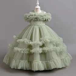 Girls puff sleeve off-shoulder princess dress 4-12 years old fashion bow mesh long skirt carnival birthday catwalk evening dress