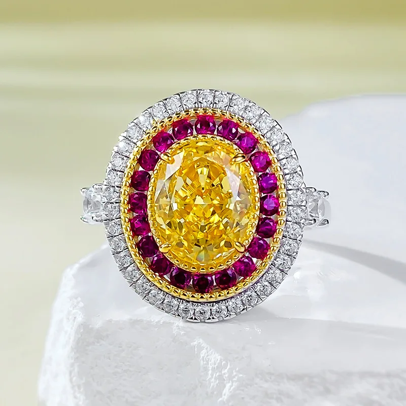 New S925 Sterling Silver Set with Imported High Carbon Diamond 7 * 9mm Yellow Diamond Saint Petersburg Fortune Ring