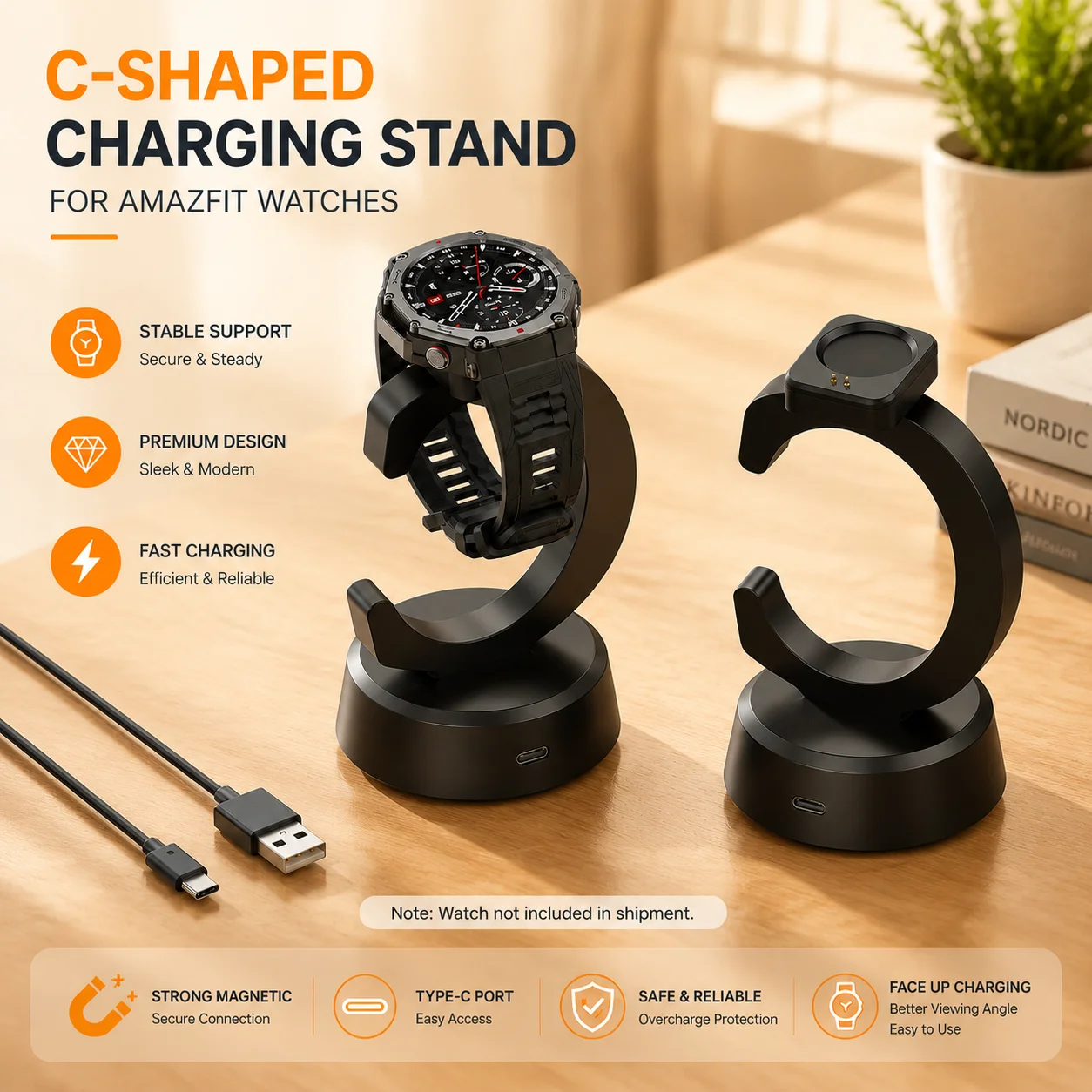 Stand Charger for Amazfit T-Rex 3 Pro/Balance 2/ Helio Strap Smartwatch Charging Dock Replacement with Cable Chip Protection view 2