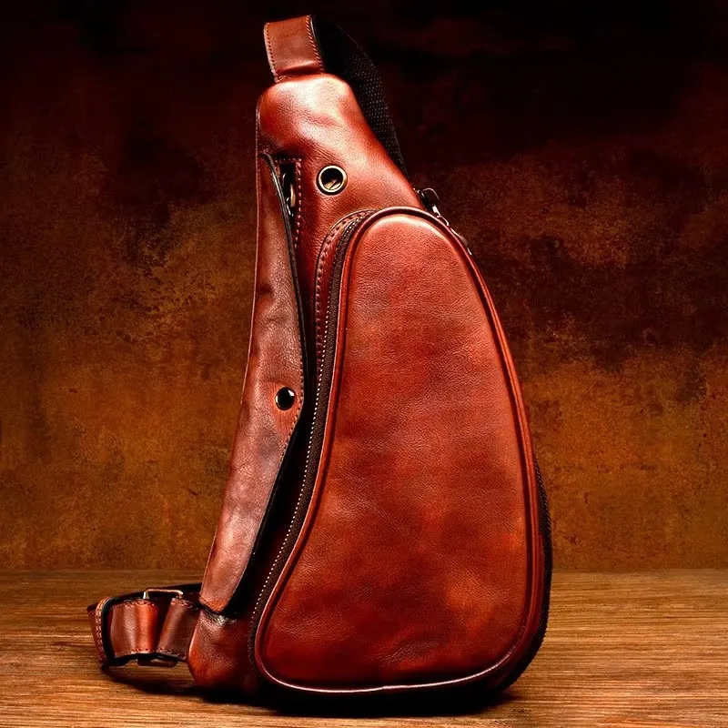 Casual Crossbody Bag Top-Layer Vegetable-Tanned Cowhide Genuine Leather Hand-Wiped Sports Backpack Chest Bag