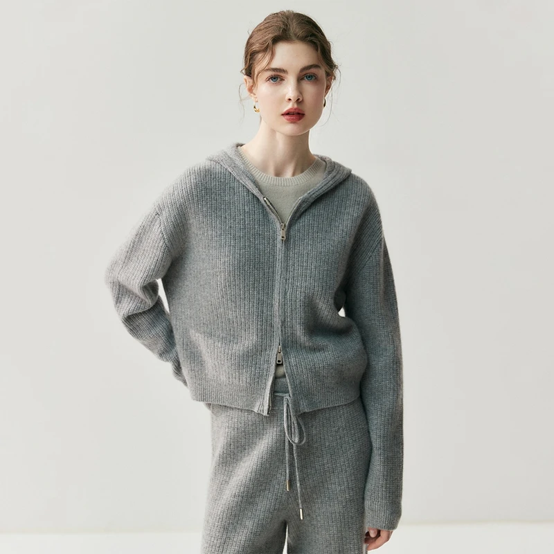 

Waffle Pattern Women's Sweater Set Chic Soft 100%Cashmere Knitted Casual Zipper Cardigan Hooded Tops Elastic Waist Pants Bottoms