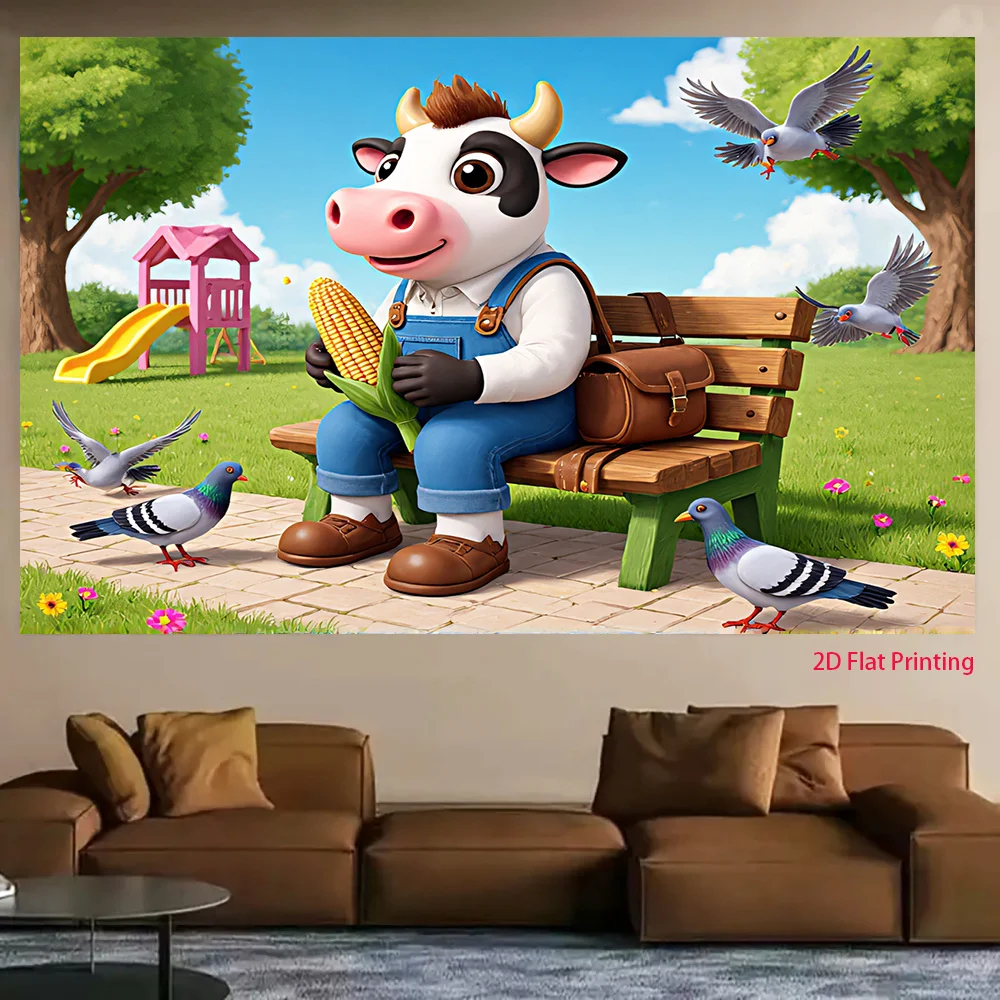 Cute Cow Eating Corn Tapestry, Cartoon Farm Animal Wall Hanging, Funny Garden Park Decor for Kids Room Living Room