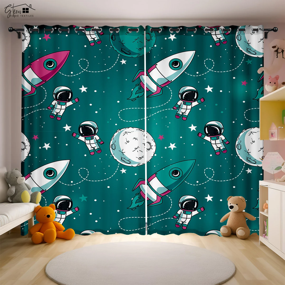 Aerospace Cartoon 3D Printed Curtains Astronaut Spaceman Spaceship Rocket Launch Bedroom Study Children's Room Curtains 2PCS