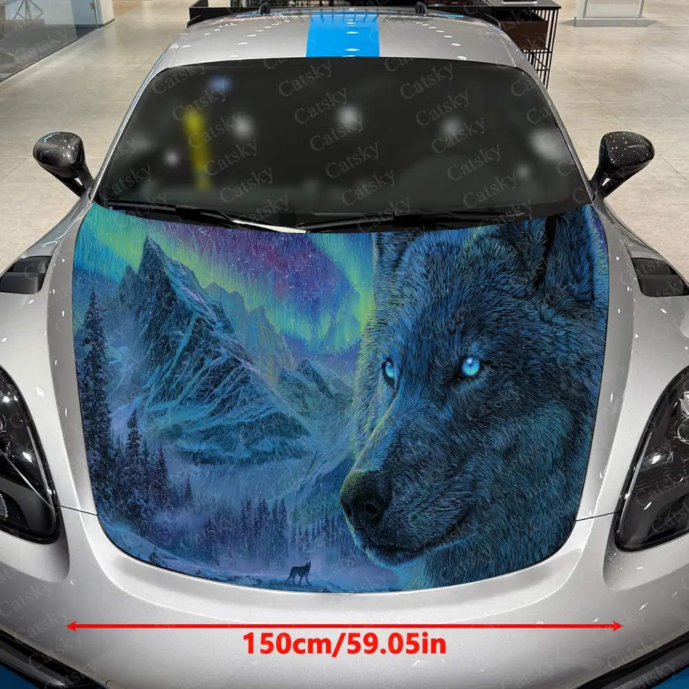 Wolf in Icy Blue Aurora with Magical Vibe Car Hood Stickers - Self-Adhesive, Waterproof and Durable Vinyl Wrap, Decorate And Pro