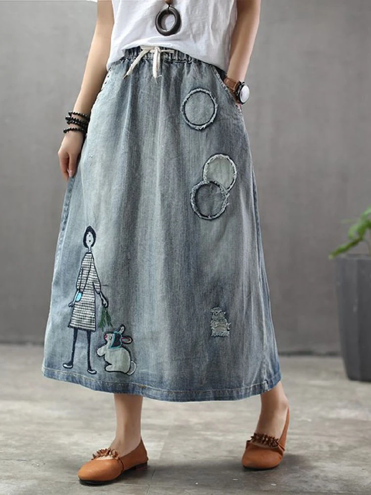 Max LuLu 2024 Korean Fashion Streetwear Women Summer Classic Embroidery Loose Denim Skirts Ladies Casual Vintage Cartoon Clothes