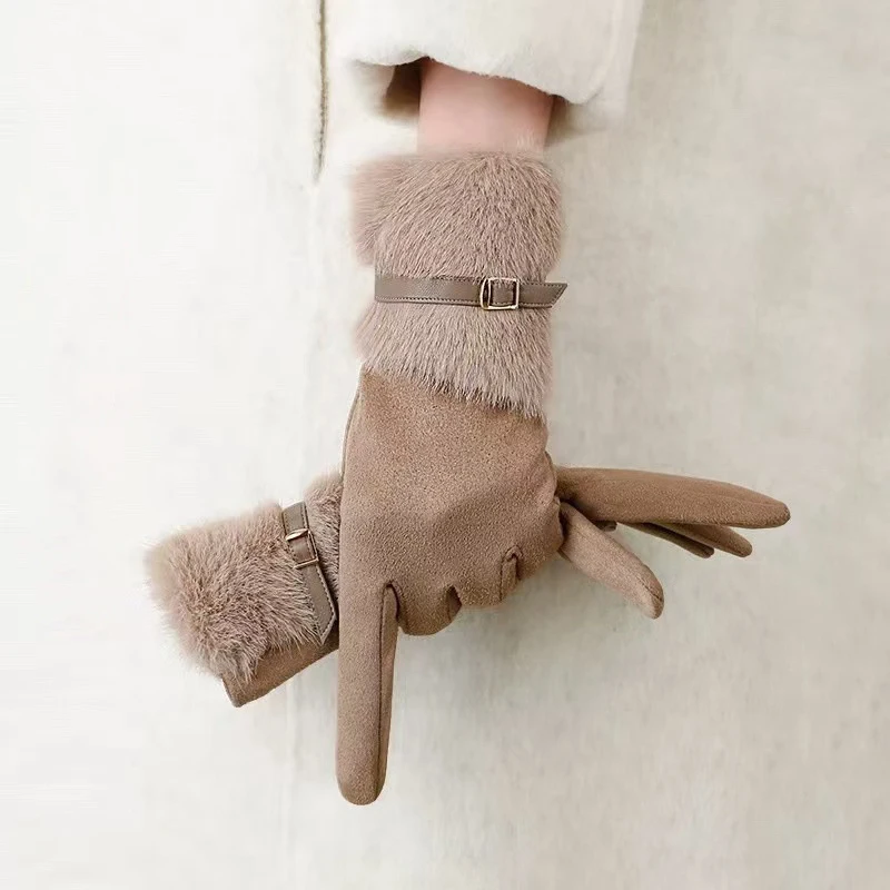 Women Keep Warm Plus Velvet Touch Screen Thicken Plush Wrist Suede Gloves Fashion Personality Elegant Drive Cycling