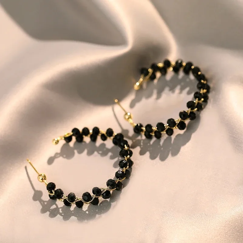 2023 Fashion Double-layer Black Crystal Woven Hoop Earrings South Korea Simple Accessories Party For Women\'s Luxury Jewelry