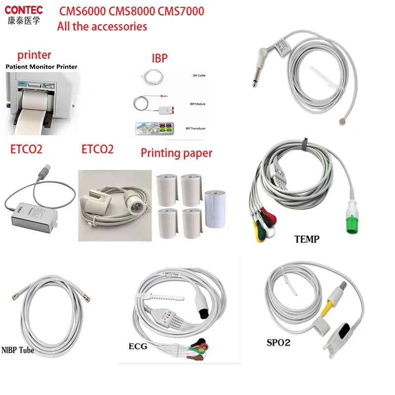 CONTEC CMS8000\\CMS6000\\CMS5100\\TS1 Patient Monitor ECG cable  SPO2 probe NIBP TUBE  RESP TEMP  ETCO2 IBP Printer POWER CABLE