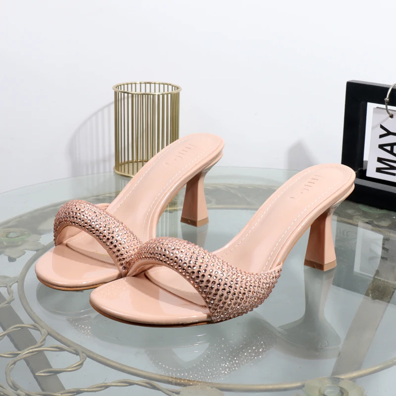 2026 New Rhinestone High Heeled Shoes Slippers with Round Heads Open Toes Banquet Shoes Foreign Trade Plus Size Sandals