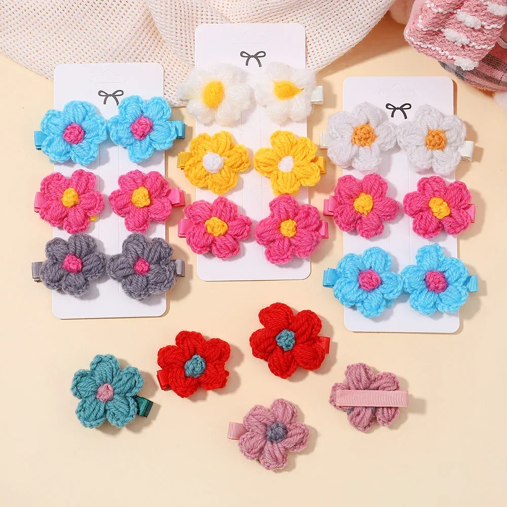 6pcs/set Flower Hairclips for Girls Wool Knitting Headwear Handmade Crochet Small Puff Kids Hairpins Cute Baby Hair Accessories