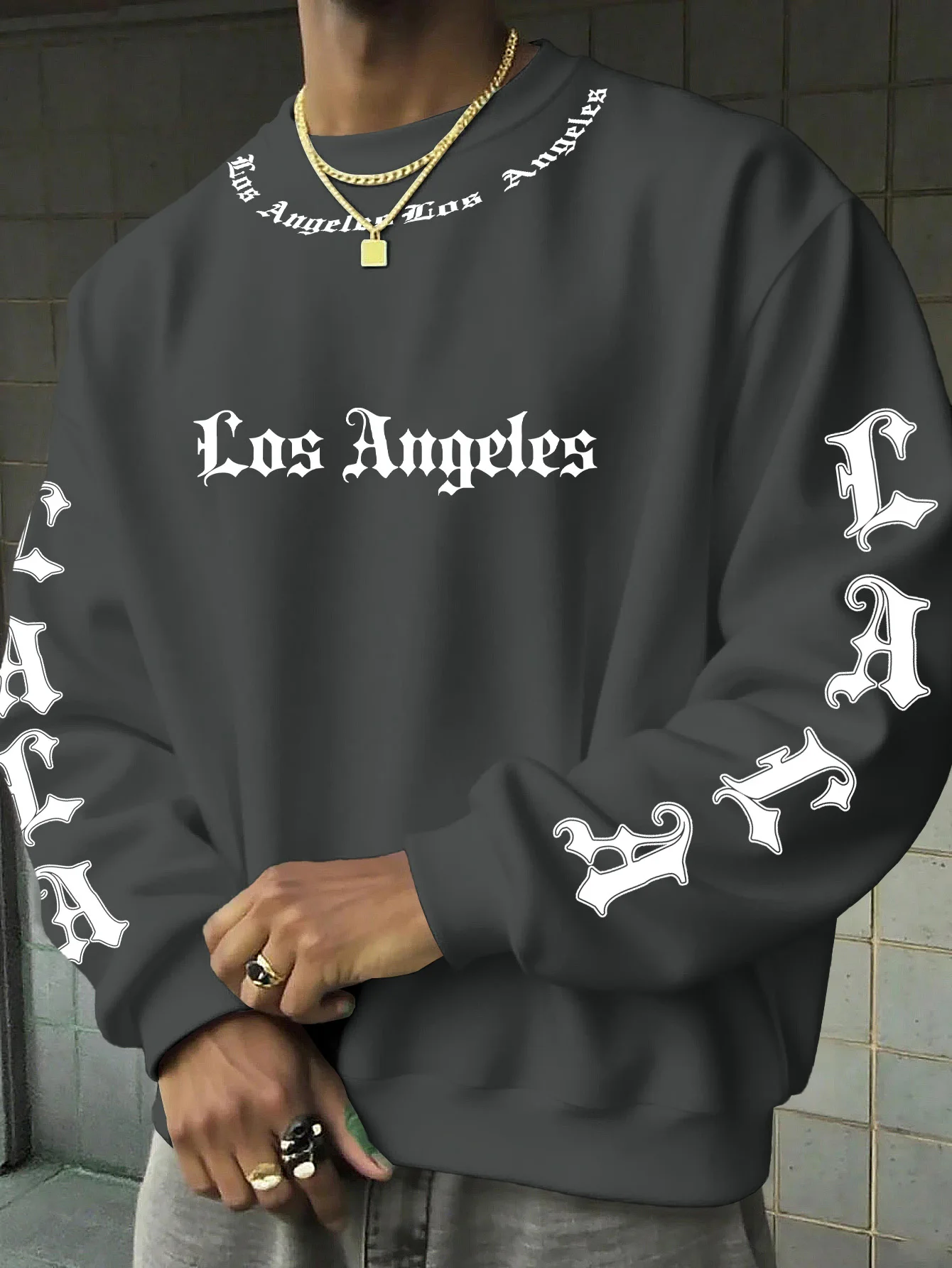 Herren Casual Rundhals-Langarmshirt, Los Angeles Gothic Buchstaben-Grafik-Print Sweatshirt, S-XXL – Detail 3