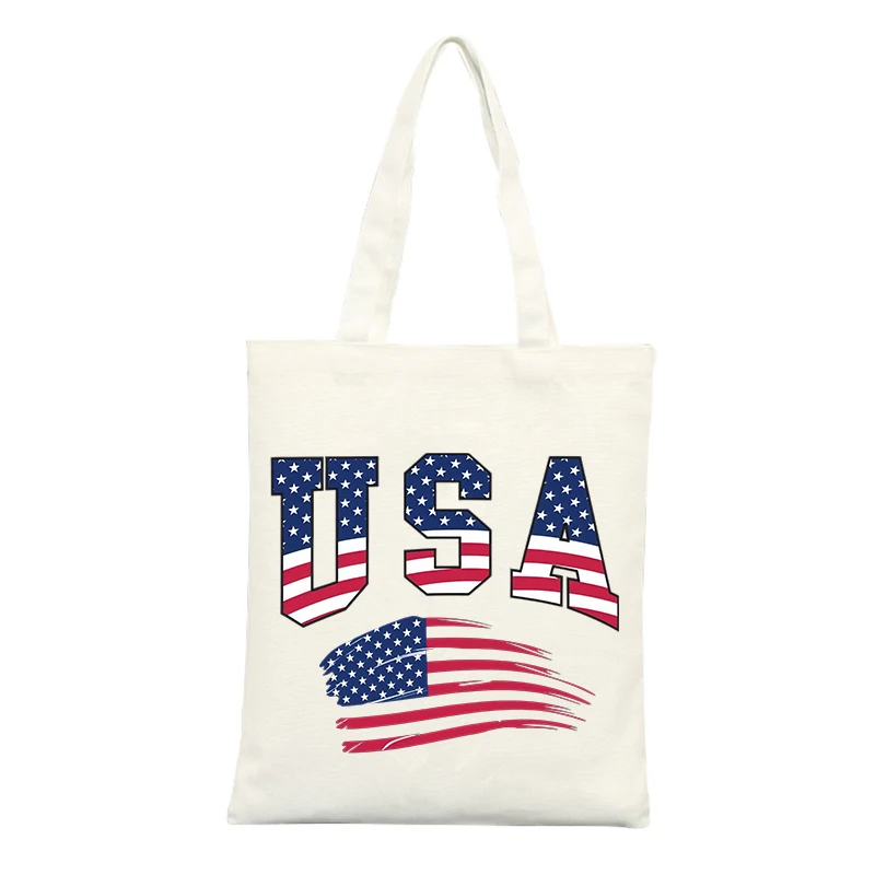 USA Flag Letter Print Canvas Tote Bag, Casual Style for Daily Shopping and Summer Outings