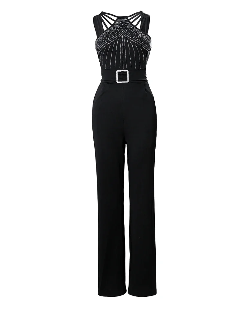 Sexy Bodysuits Female Black Mock Neck Mesh Sequins Sleeveless Jumpsuits Outfits Elegant Jumpsuit Women\'s Evening Jumpsuits