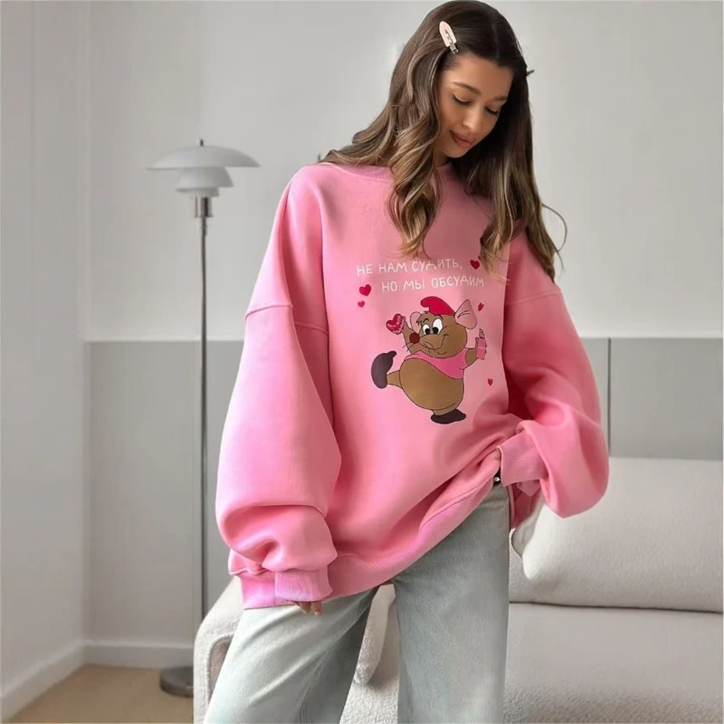 Felpa con cappuccio casual allentata Faionable Cartoon Felpa da donna rotonda Ne Long Sve Street Sle Top comodo stampato