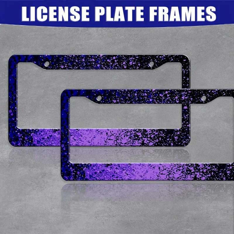 2Pcs Purple Blue Gradient Splatter License Plate Frames Black Base Speckled Texture Print Universal Fit Stylish Auto Tag Holders