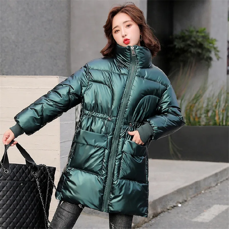 Parkas mulheres bolsos com zíper estilo coreano senhoras puffer casaco gola grossa jaquetas de inverno algodão acolchoado casaco jj941
