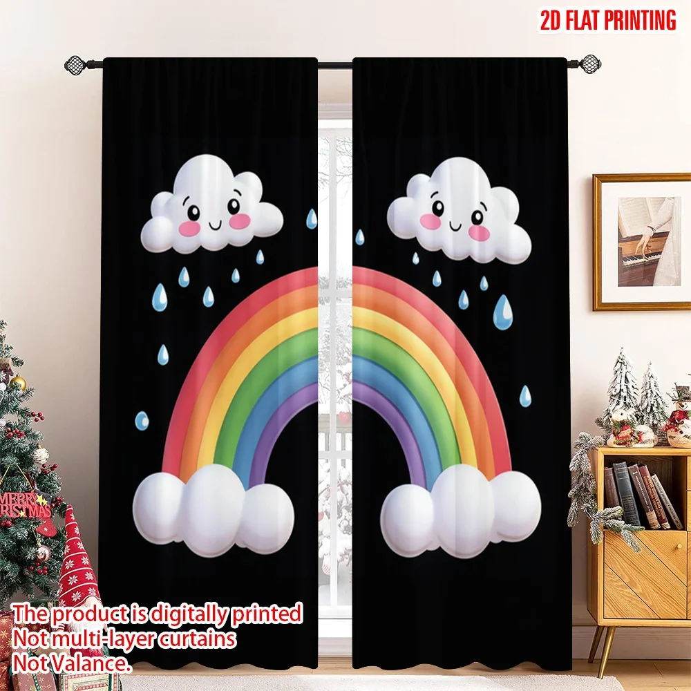 2pcs 2D flat printing Window Drapes Cute Rainy Day Rainbow Clouds Digital Printed Polyester Drapes Festive Holiday for Booths