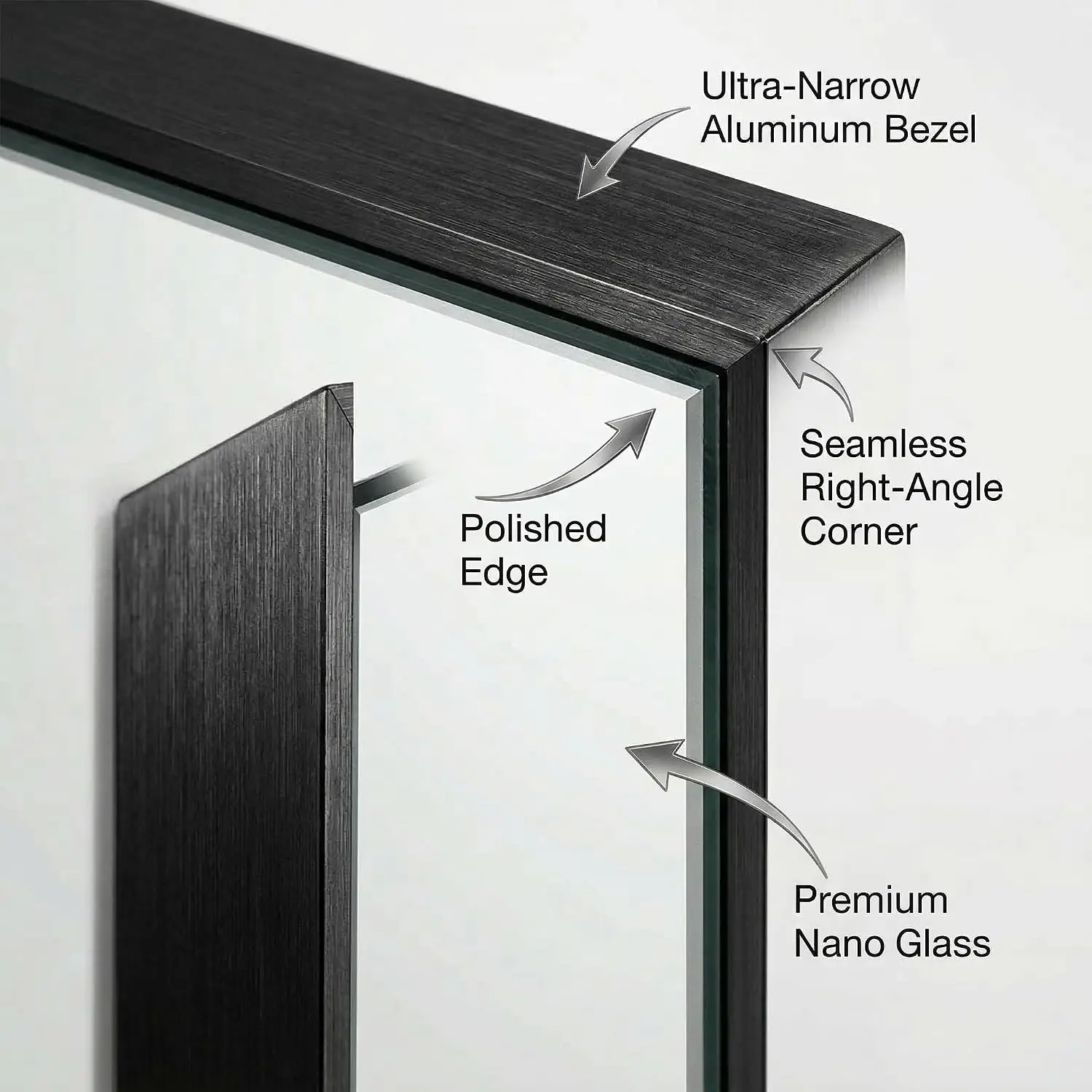 Wall Mounted Black Tempered Glass Vanity Mirror 30x48 Inch Over Sink Shatterproof Anti Rust Aluminum Alloy Frame Hang Horizontal