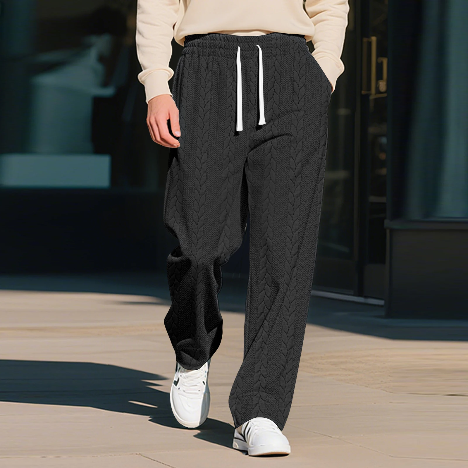 

Men's Casual Straight-leg Pants Solid Color Jacquard Pattern Drawstring Pants Autumn Leisure Sweatpants Jogging Trousers
