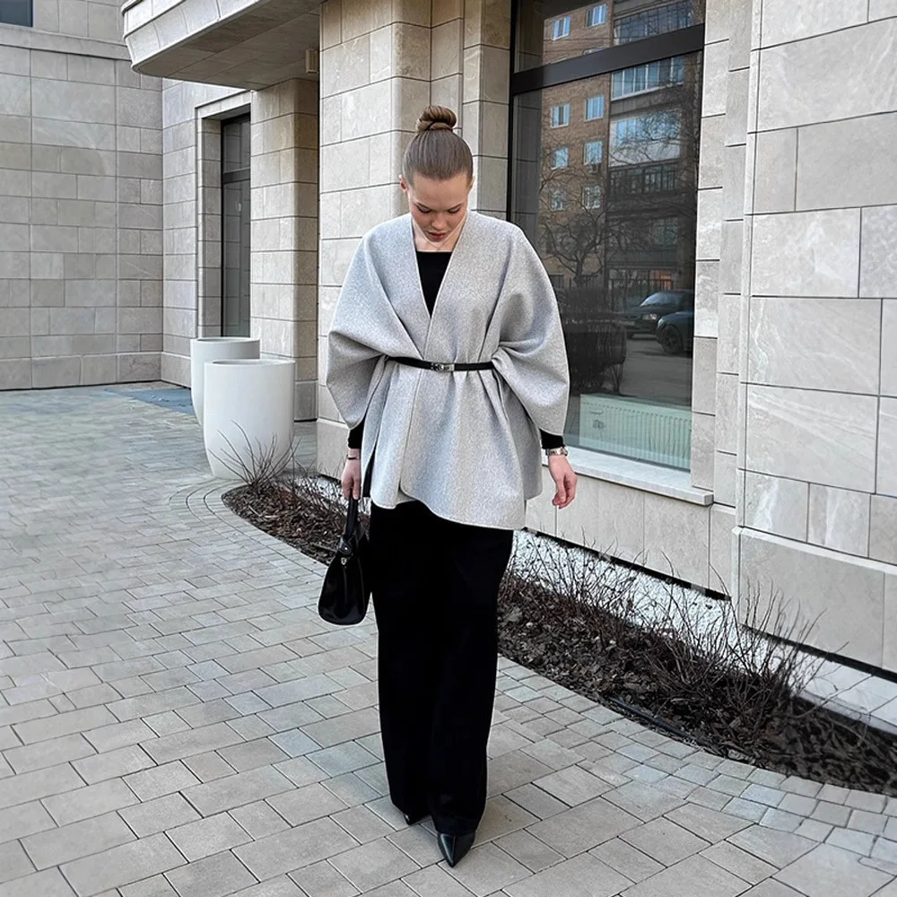 

Simple Korean Style Solid Color V-Neck Belted Long Sleeve Jacket European And American Style New Wholesale