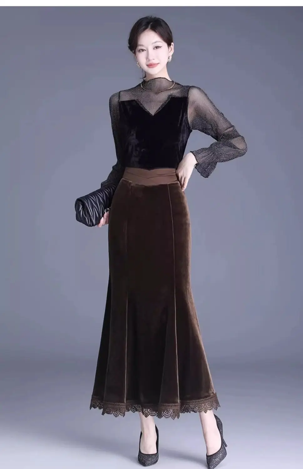 Elegant Women's Ankle Length A-Line Skirt With Lace Trim Loose Fit Office Wear Fashionable Fall Winter Style