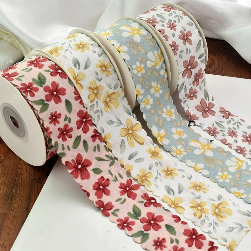 

5yards Double Flower Printed Wavy Edge Ribbon For DIY Headwear Hair Bow Sewing Supplies Gift Packing Hat Decor Craft Accessories