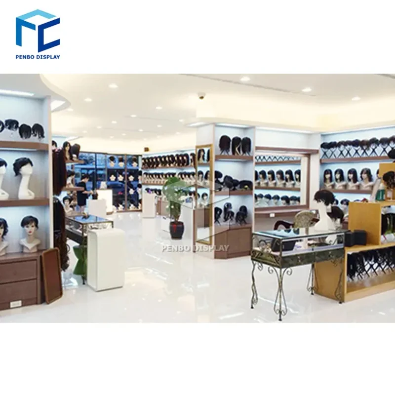 custom.Beauty Salon Hair Extension Display Shelf Wig Store Decoration Furniture Wig Display Showcase Shop Interior Design