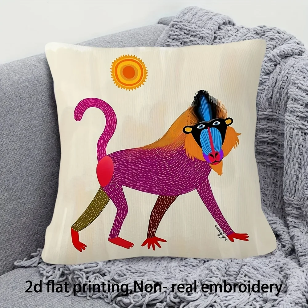 1pc Baboon and Sun Art Pillow Cover, Vibrant Animal Design Cushion Case for Living Room Bedroom Home Decor Gift